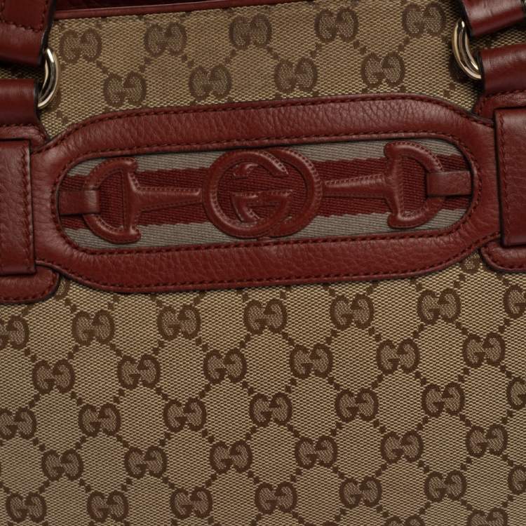 Pre Owned Gucci Beige/Red GG Canvas and Leather Medium Supreme Web Dressage Tote
