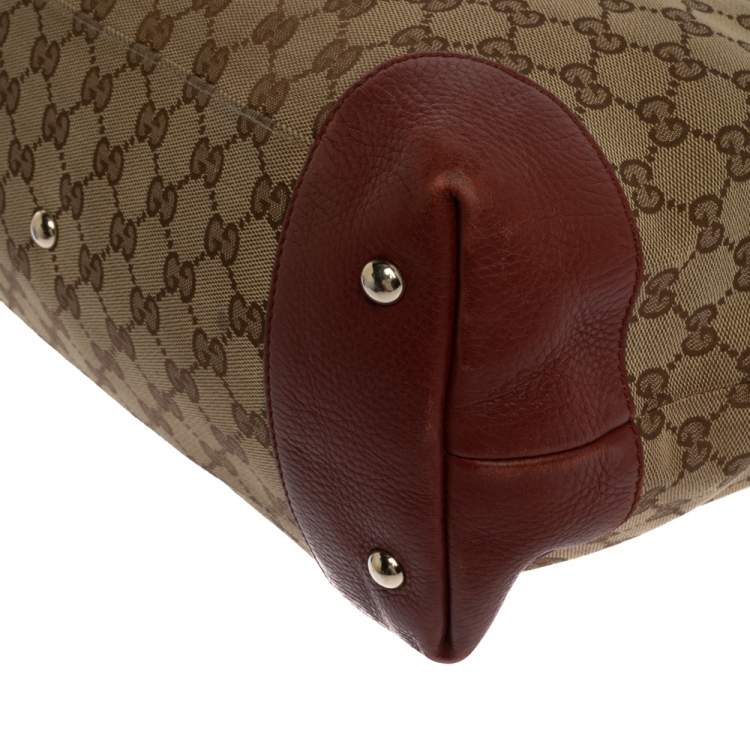 Pre Owned Gucci Beige/Red GG Canvas and Leather Medium Supreme Web Dressage Tote