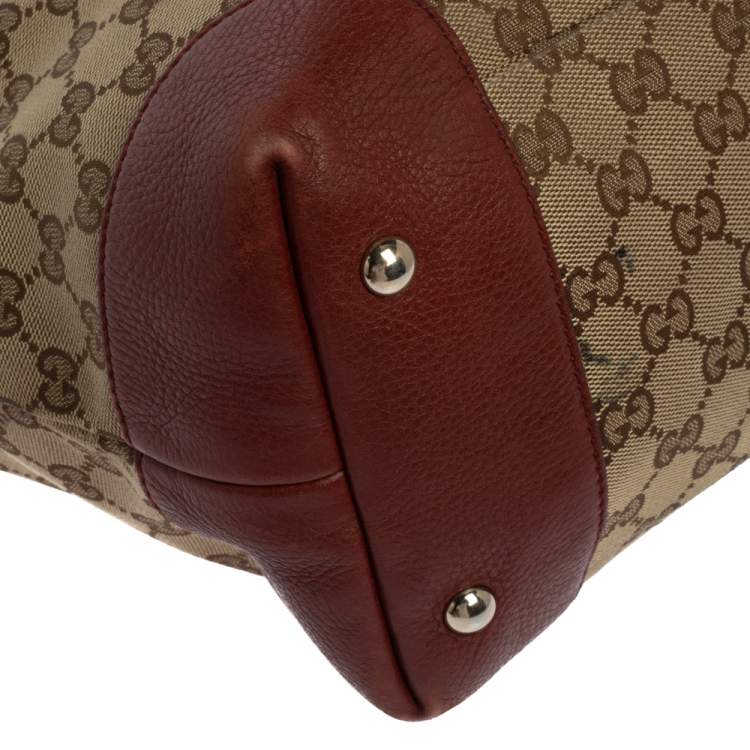 Pre Owned Gucci Beige/Red GG Canvas and Leather Medium Supreme Web Dressage Tote