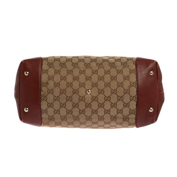 Pre Owned Gucci Beige/Red GG Canvas and Leather Medium Supreme Web Dressage Tote