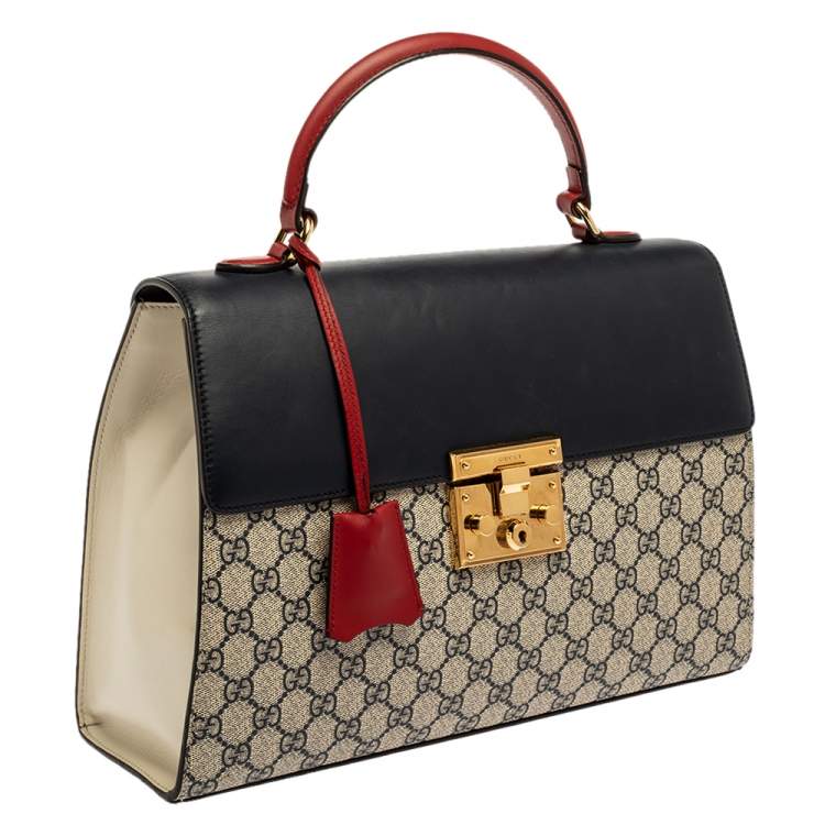 Pre Owned Gucci  Tri Color GG Supreme Canvas and Leather Medium Padlock Top Handle Bag