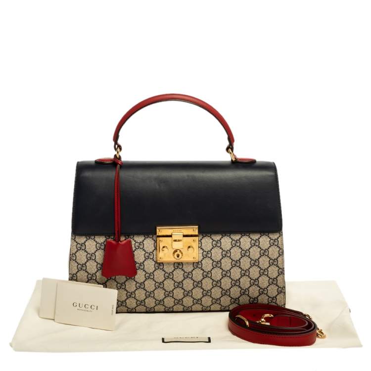 Pre Owned Gucci  Tri Color GG Supreme Canvas and Leather Medium Padlock Top Handle Bag