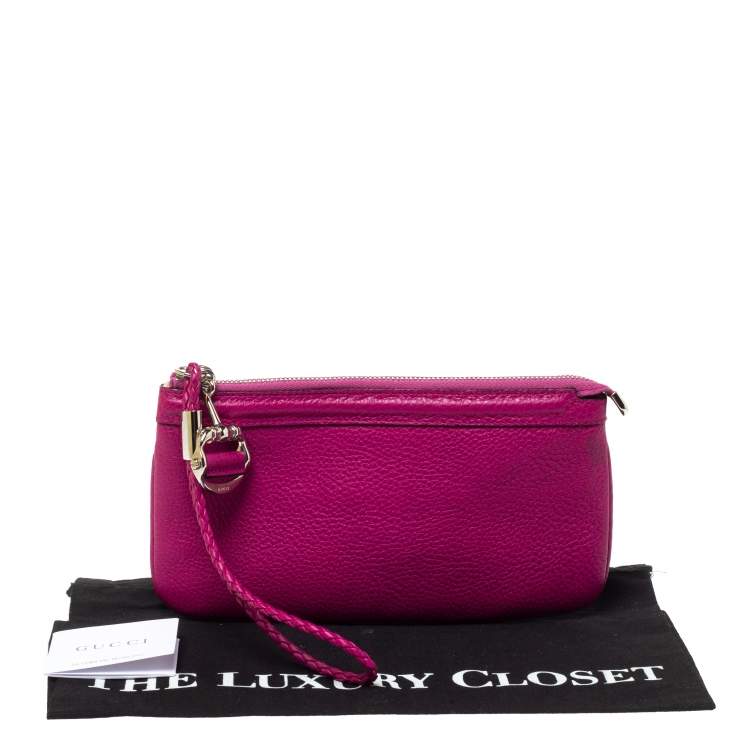 Pre Owned Gucci Magenta Leather Wristlet Clutch