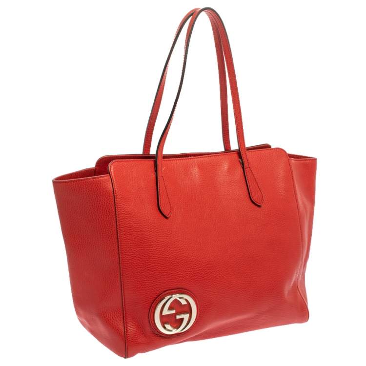 Pre Owned Gucci Red Leather Large Interlocking GG Shopper Tote