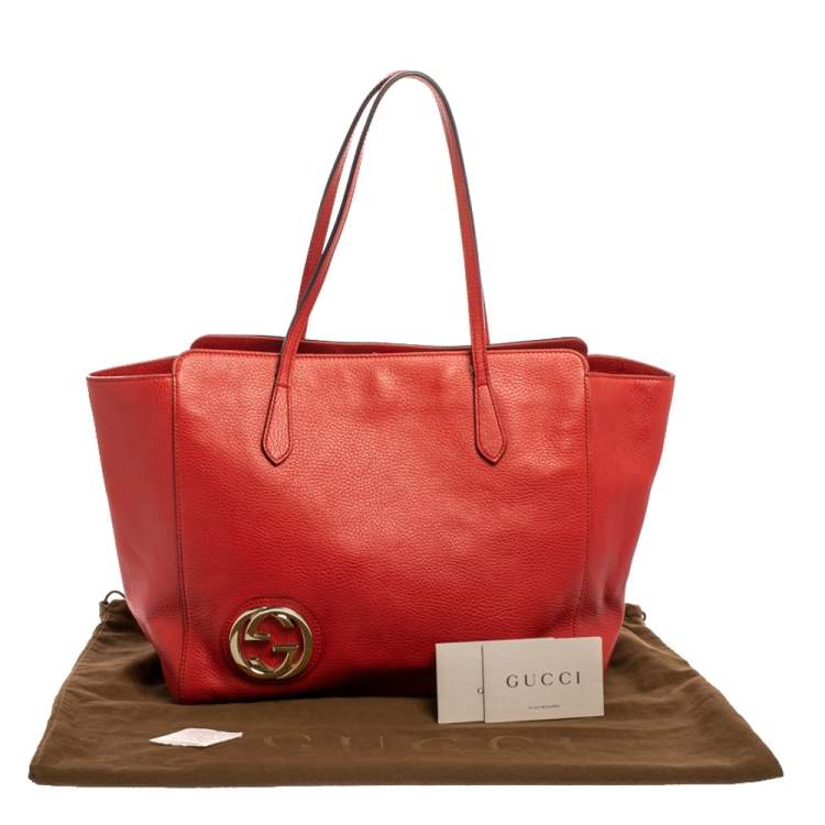 Pre Owned Gucci Red Leather Large Interlocking GG Shopper Tote