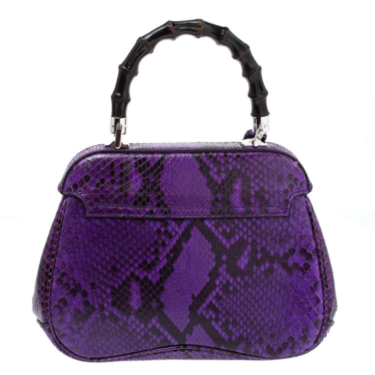 Pre Owned Gucci Purple Python Lady Lock Bamboo Top Handle Bag