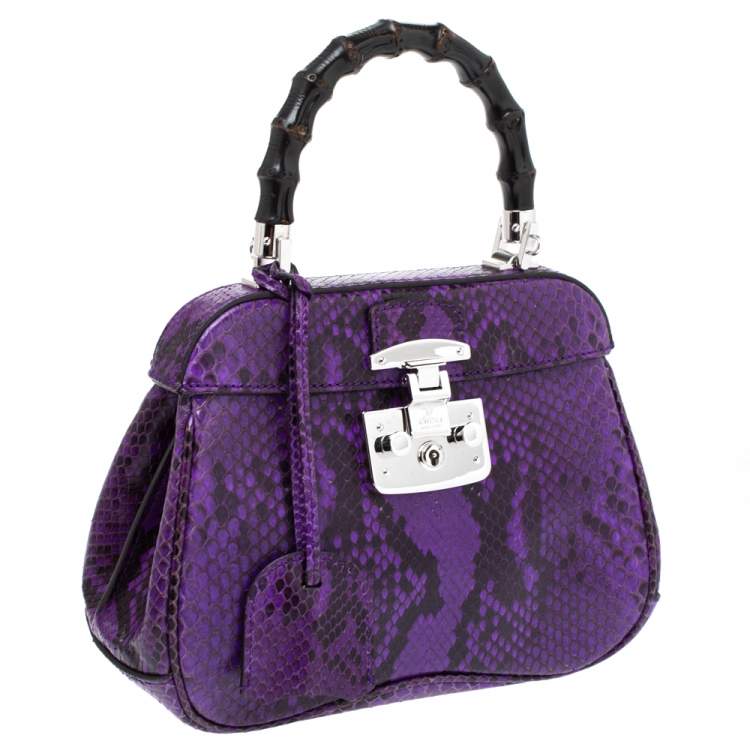 Pre Owned Gucci Purple Python Lady Lock Bamboo Top Handle Bag