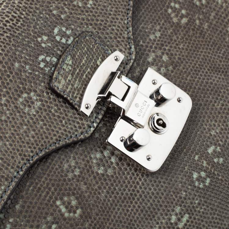 Pre Owned Gucci Light Green/Grey Lizard Lady Lock Flap Top Handle Bag