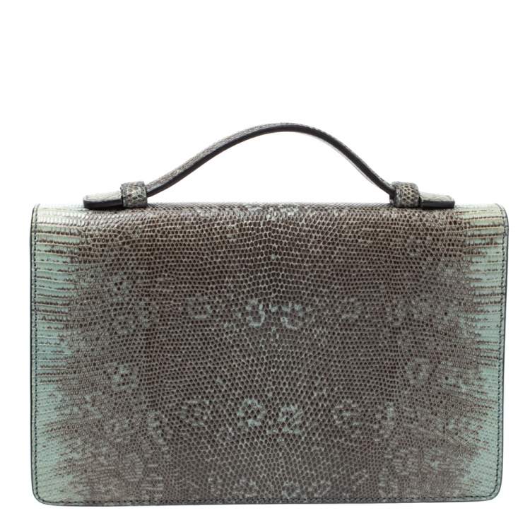 Pre Owned Gucci Light Green/Grey Lizard Lady Lock Flap Top Handle Bag