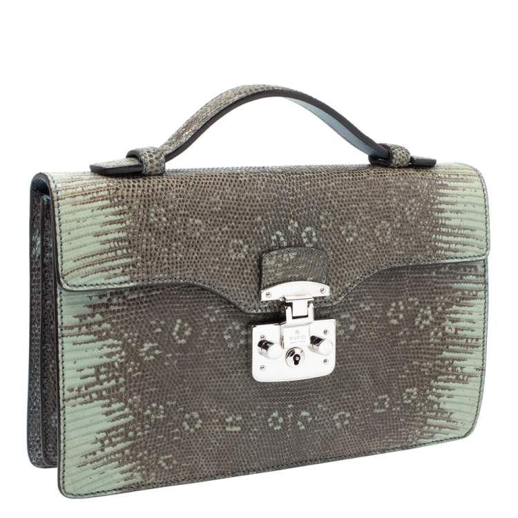 Pre Owned Gucci Light Green/Grey Lizard Lady Lock Flap Top Handle Bag