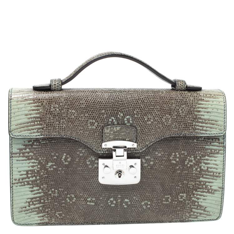 Pre Owned Gucci Light Green/Grey Lizard Lady Lock Flap Top Handle Bag