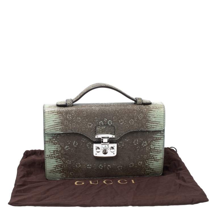 Pre Owned Gucci Light Green/Grey Lizard Lady Lock Flap Top Handle Bag