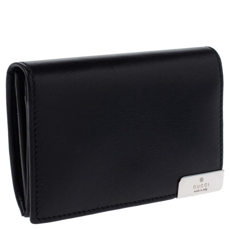 Pre Owned Gucci Black Leather Logo Plague Flap Card Holder
