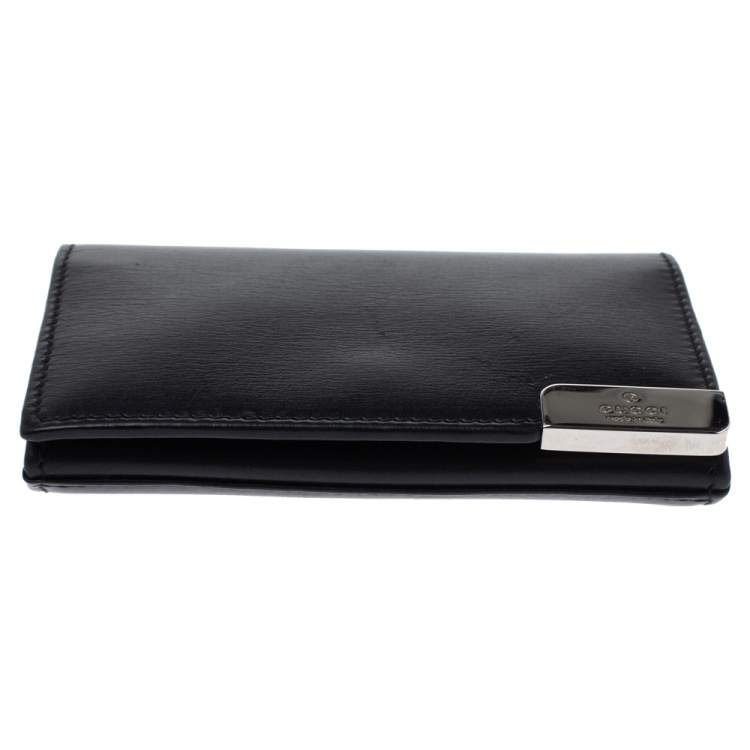 Pre Owned Gucci Black Leather Logo Plague Flap Card Holder