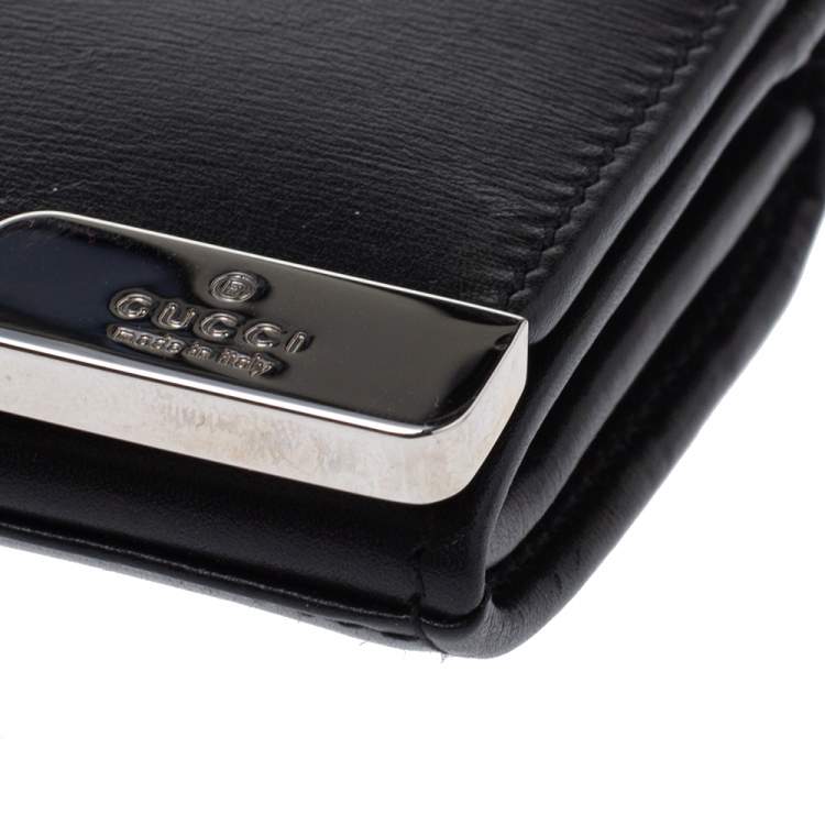 Pre Owned Gucci Black Leather Logo Plague Flap Card Holder