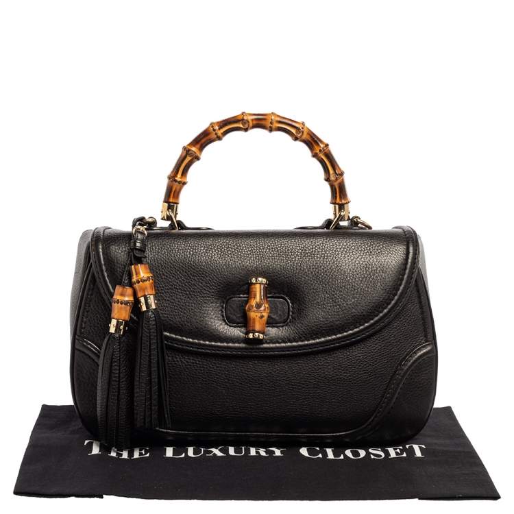 Pre Owned Gucci Black Leather Large New Bamboo Tassel Top Handle Bag