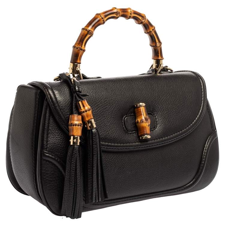 Pre Owned Gucci Black Leather Large New Bamboo Tassel Top Handle Bag