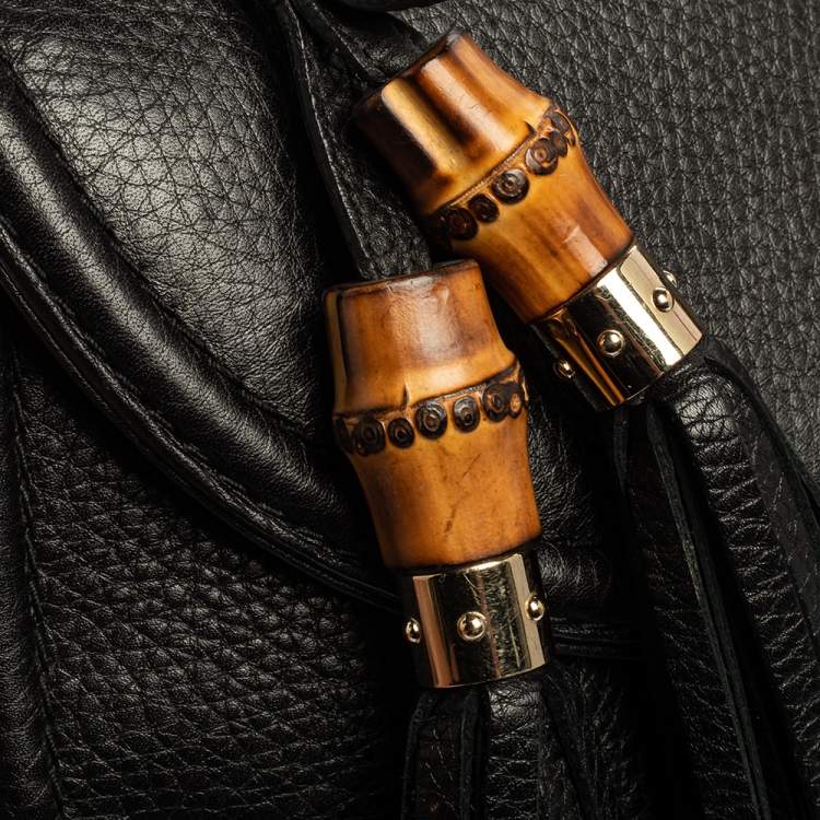 Pre Owned Gucci Black Leather Large New Bamboo Tassel Top Handle Bag