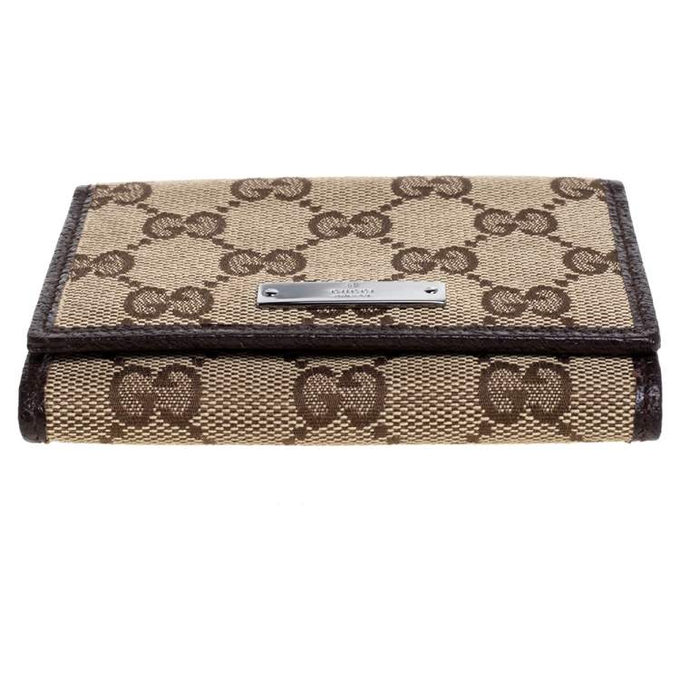 Pre Owned Gucci Beige/Brown GG Canvas and Leather Flap Card Holder