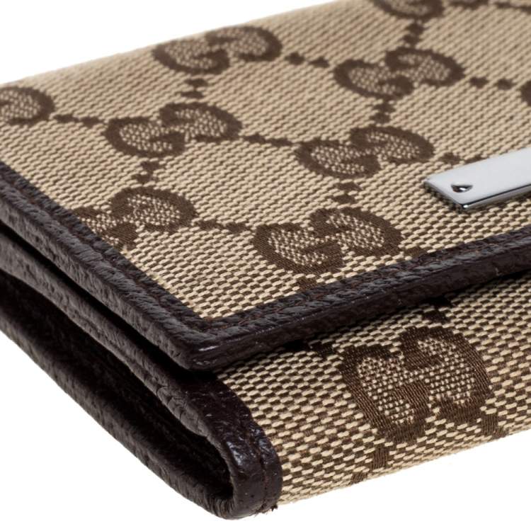 Pre Owned Gucci Beige/Brown GG Canvas and Leather Flap Card Holder