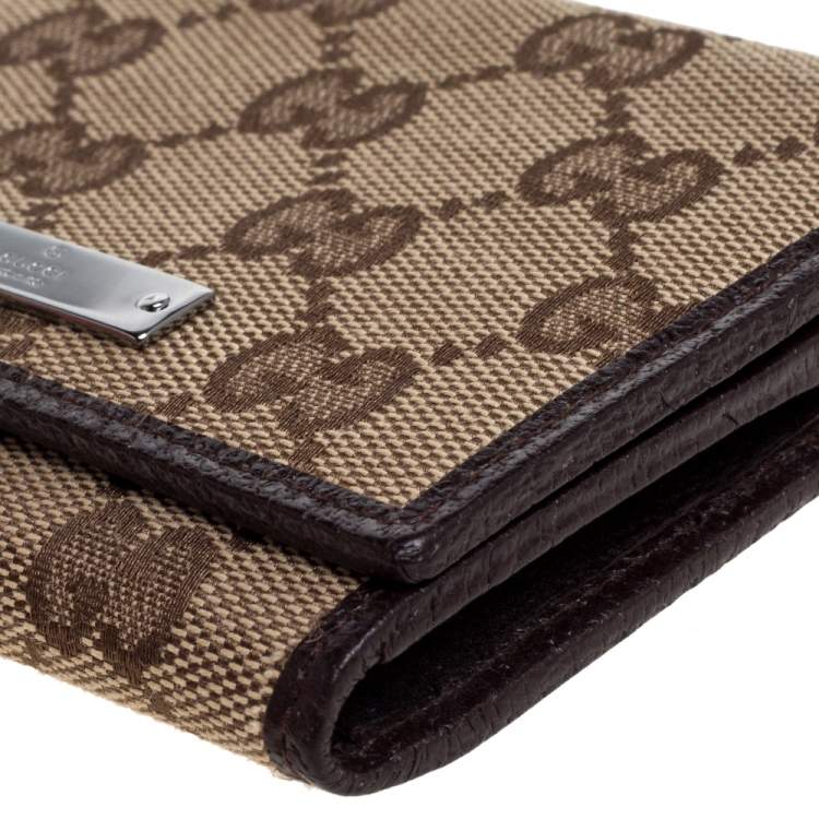 Pre Owned Gucci Beige/Brown GG Canvas and Leather Flap Card Holder