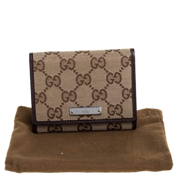 Pre Owned Gucci Beige/Brown GG Canvas and Leather Flap Card Holder