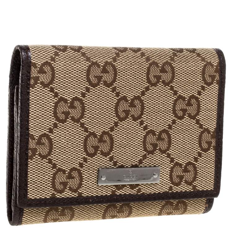 Pre Owned Gucci Beige/Brown GG Canvas and Leather Flap Card Holder