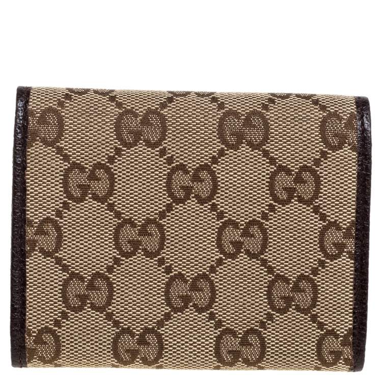 Pre Owned Gucci Beige/Brown GG Canvas and Leather Flap Card Holder
