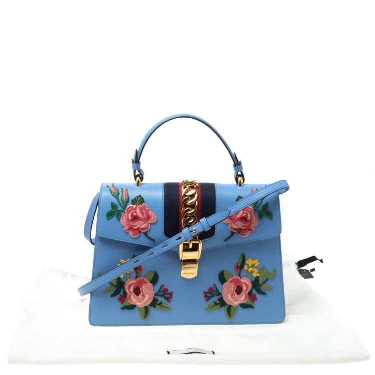 Pre Owned Gucci Blue Floral Embroidered Leather Medium Sylvie Top Handle Bag