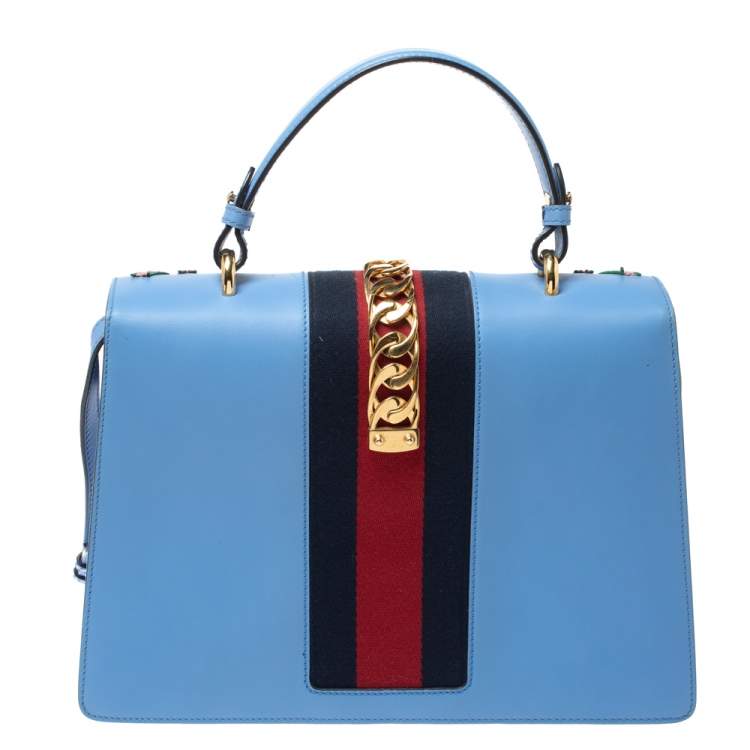 Pre Owned Gucci Blue Floral Embroidered Leather Medium Sylvie Top Handle Bag