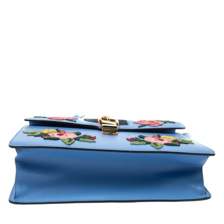 Pre Owned Gucci Blue Floral Embroidered Leather Medium Sylvie Top Handle Bag