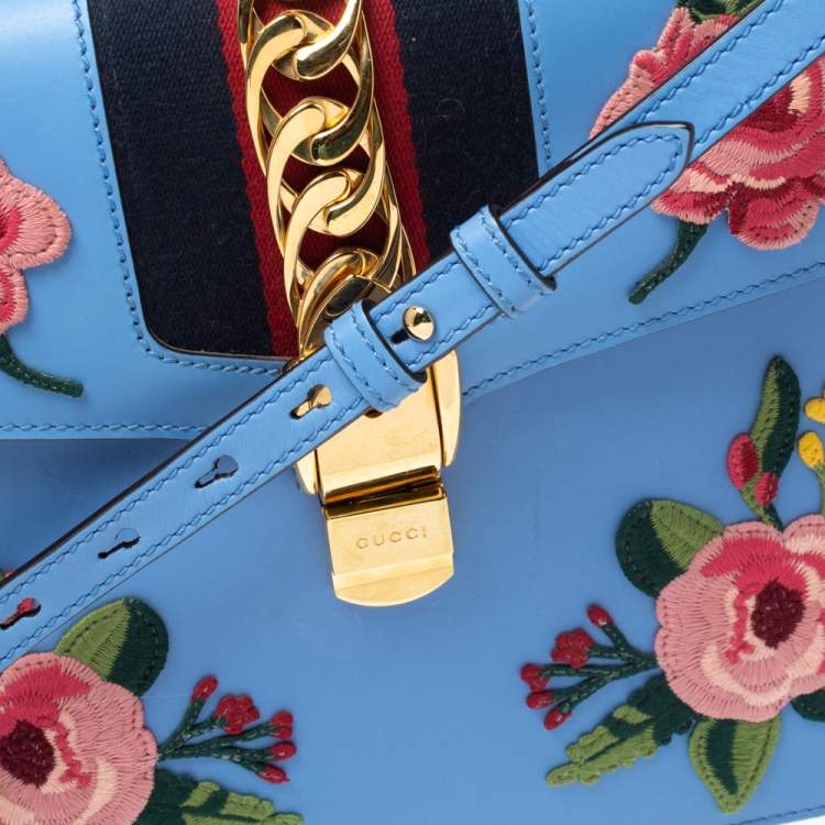 Pre Owned Gucci Blue Floral Embroidered Leather Medium Sylvie Top Handle Bag