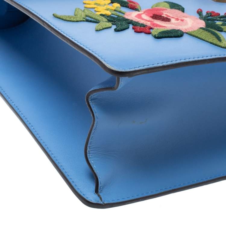 Pre Owned Gucci Blue Floral Embroidered Leather Medium Sylvie Top Handle Bag