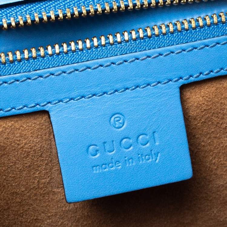 Pre Owned Gucci Blue Floral Embroidered Leather Medium Sylvie Top Handle Bag