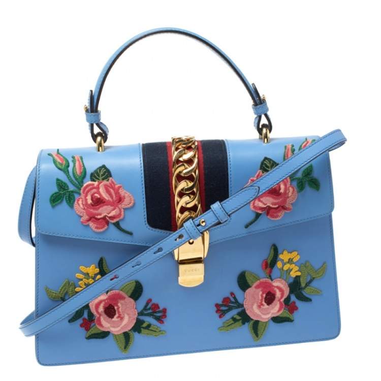 Pre Owned Gucci Blue Floral Embroidered Leather Medium Sylvie Top Handle Bag