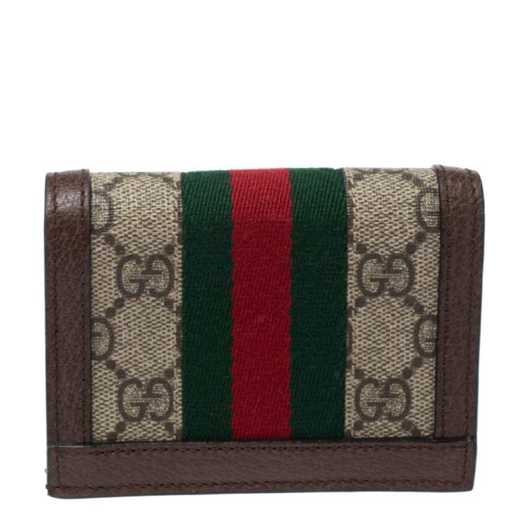 Pre Owned Gucci Beige/Brown GG Supreme Canvas and Leather Ophidia Web Compact Wallet
