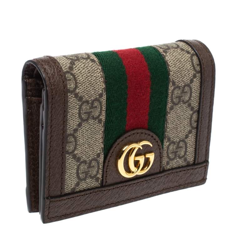 Pre Owned Gucci Beige/Brown GG Supreme Canvas and Leather Ophidia Web Compact Wallet