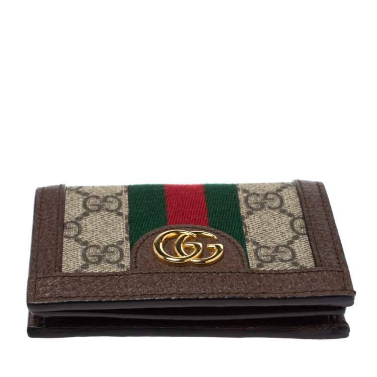 Pre Owned Gucci Beige/Brown GG Supreme Canvas and Leather Ophidia Web Compact Wallet