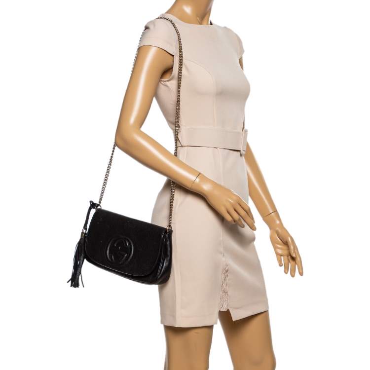 Gucci Interlocking GG Soho Black Leather Flap Shoulder Bag (336752)