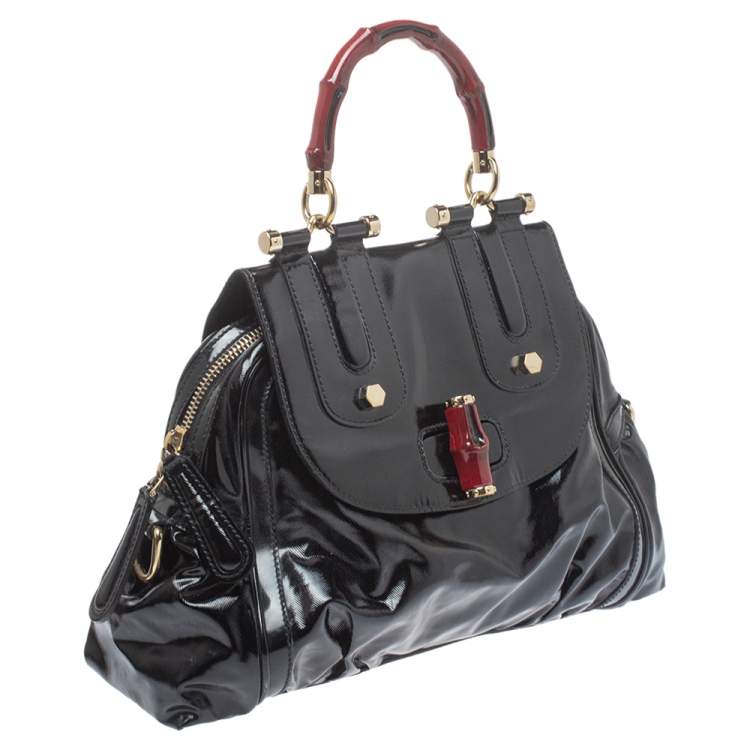 Pre Owned Gucci Black Coated Nylon and Patent Leather Dialux Pop Bamboo Top Handle Bag