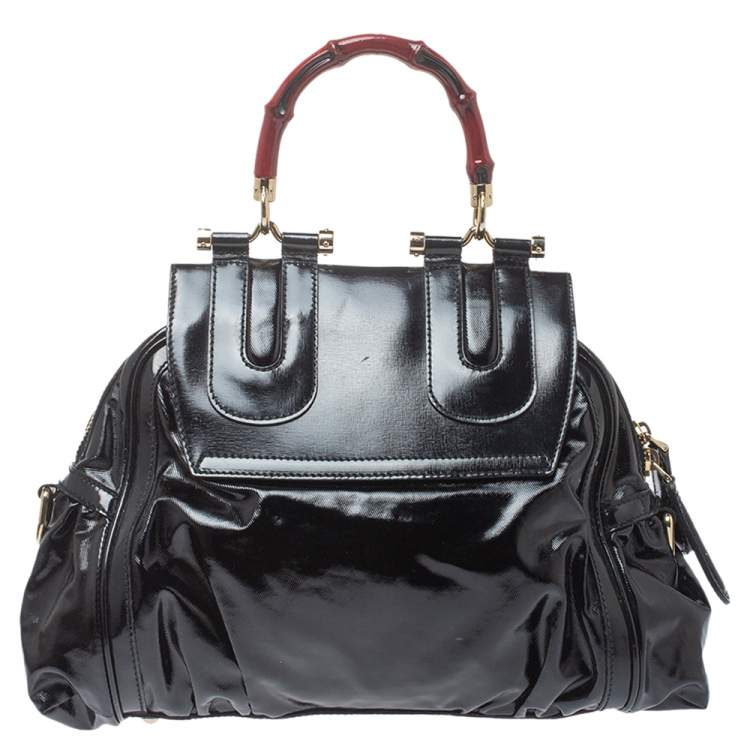 Pre Owned Gucci Black Coated Nylon and Patent Leather Dialux Pop Bamboo Top Handle Bag