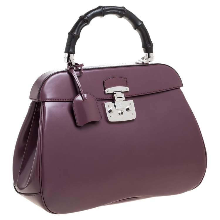 Pre Owned Gucci Old Rose Patent Leather Lady Lock Bamboo Large Top Handle Bag