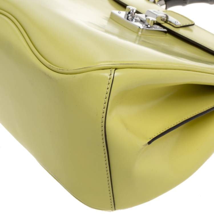 Pre Owned Gucci Yellow Patent Leather Lady Lock Bamboo Top Handle Bag