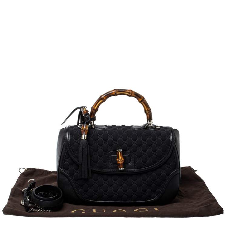 Pre Owned Gucci Black GG Neoprene and Leather Large New Bamboo Tassel Top Handle Bag