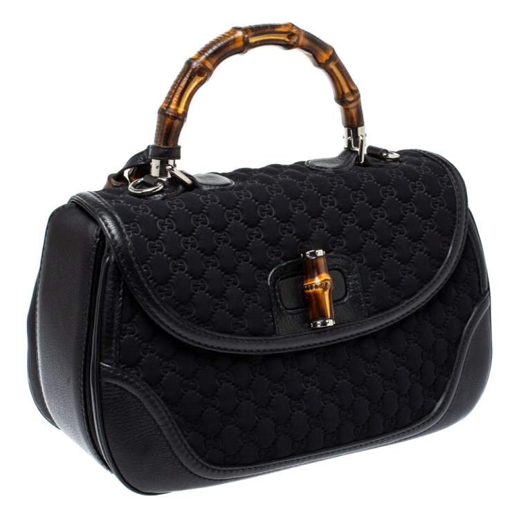 Pre Owned Gucci Black GG Neoprene and Leather Large New Bamboo Tassel Top Handle Bag
