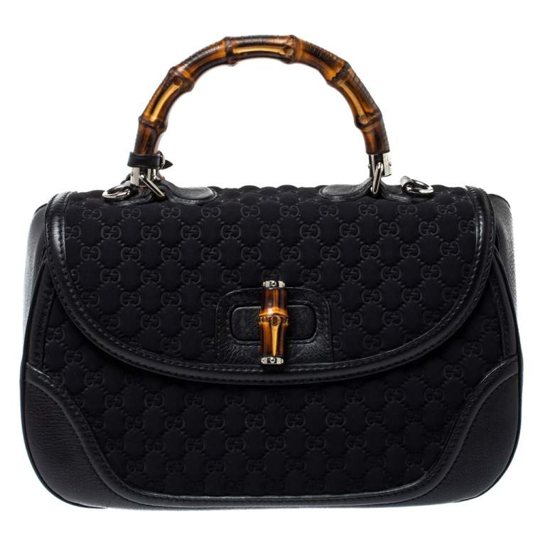 Pre Owned Gucci Black GG Neoprene and Leather Large New Bamboo Tassel Top Handle Bag