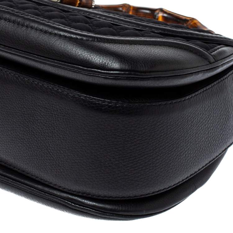 Pre Owned Gucci Black GG Neoprene and Leather Large New Bamboo Tassel Top Handle Bag
