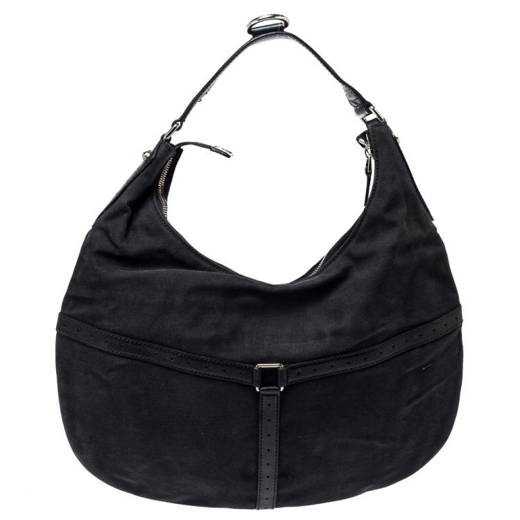 Pre Owned Gucci Black Canvas and Perforated Leather Reins Hobo