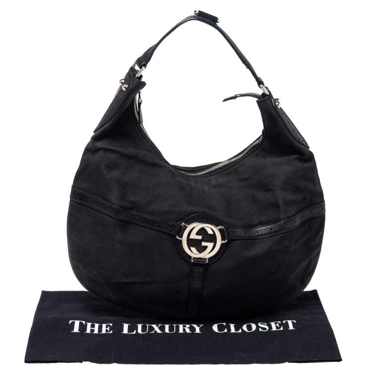 Pre Owned Gucci Black Canvas and Perforated Leather Reins Hobo