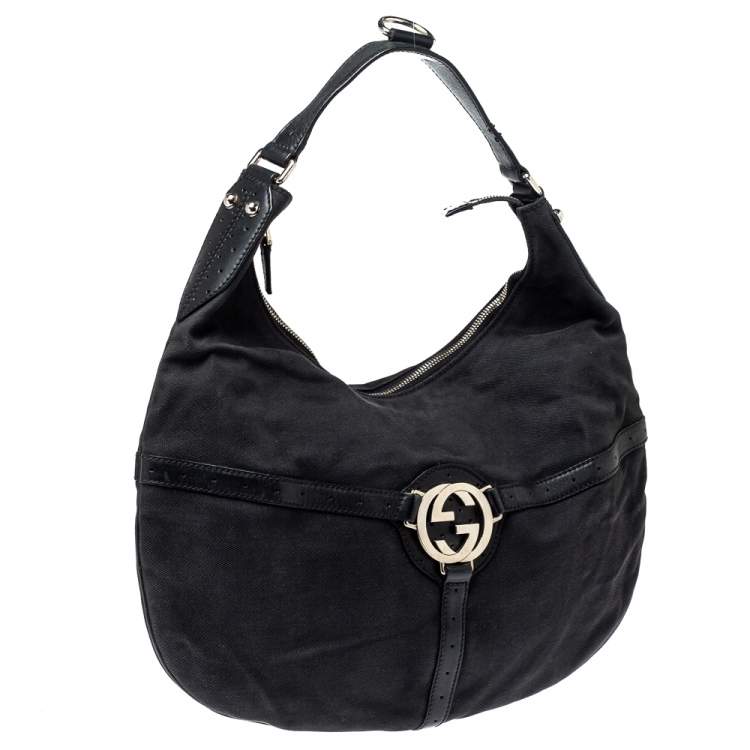 Pre Owned Gucci Black Canvas and Perforated Leather Reins Hobo